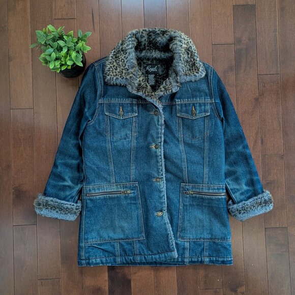 Vintage Jackets & Blazers - LEOPARD PRINT FUR LINED VINTAGE Y2K 2000s JEAN COAT
